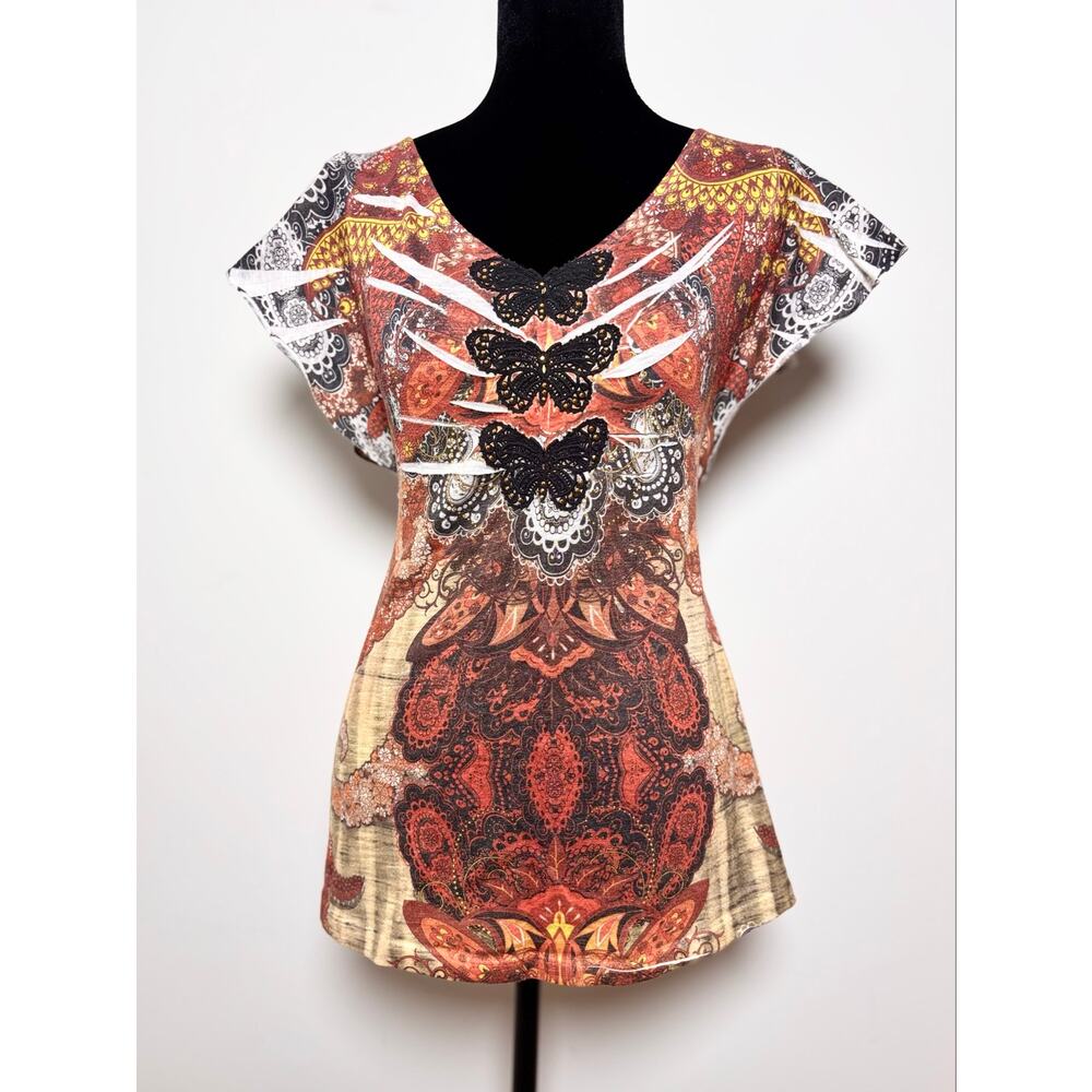 Vintage Y2K Energie Butterfly Appliqué Earth Toned Flutter Fitted Top